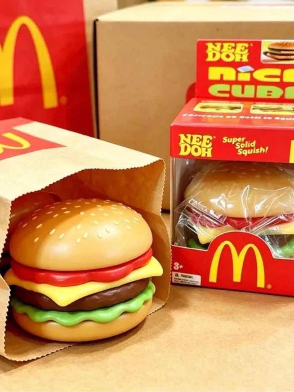 Nice Cube Burger Squishy Toy – Yellow, Red, Brown, Green